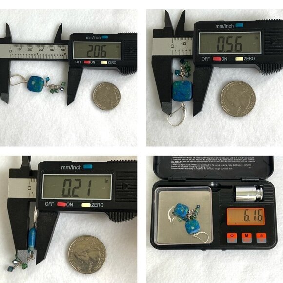 Sterling Silver 925 Square Azurite Bi-Cone Beaded Leverback Dangle Earrings - Picture 9 of 12